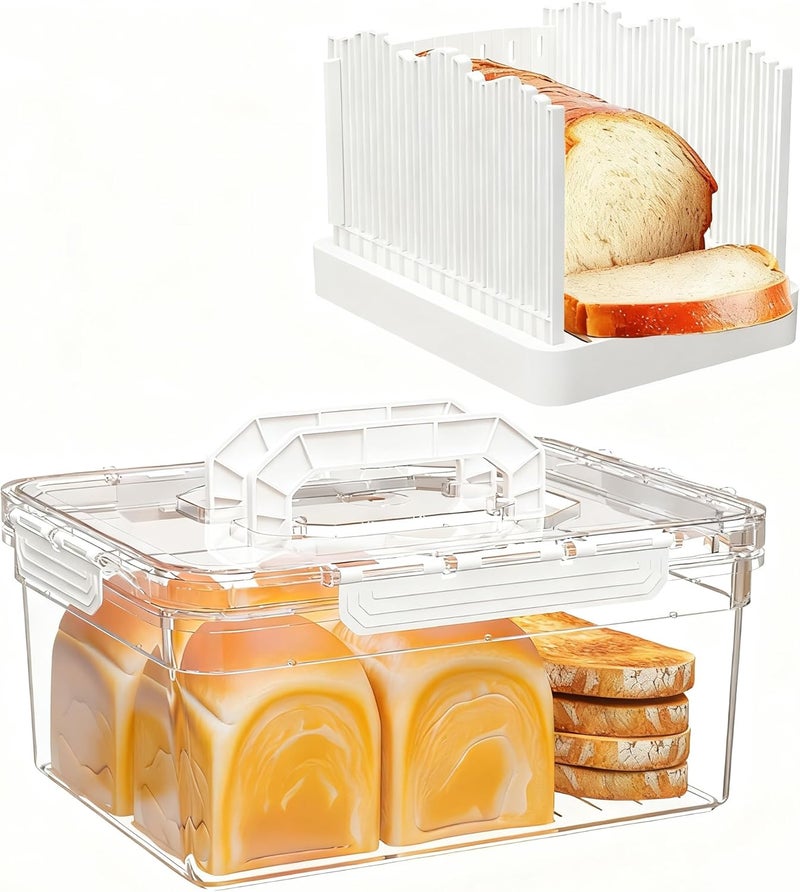 LLMRR Bread Box with Slicer, Portable Airtight Bread Storage Container with Lid Handle for Kitchen Counter, Bread Keeper for Homemade Bread,Toast, Bagel, Cookies, White - Image 1